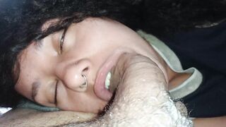 Gorgeous POV of a creampie on a floozy's face and lips.