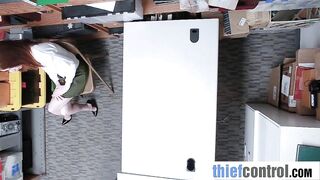 Slim Redhead Bent Over the Security Desk After Getting Busted Shoplifting
