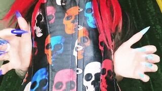 Halloween vampiress with fangs and sharp nails will bang u with her large belt-on. Worship her thong-on!