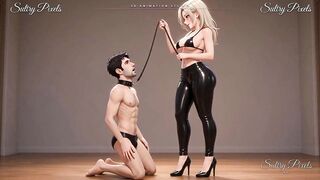 Tall Latex Blond Leads Her Collared Dude by the Leash - Foot in His Throat