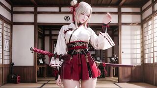 Red & White Kimono Warrior! Kneeling on Tatami with Dual Blades, Silver-Haired Hotty's Mesmerizing Gaze.