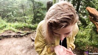 Breasty teen swallows cum after public blow job - Eva Elfie
