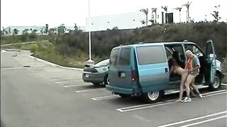 Favourable mature guy bangs hawt latin chick in open van in parking lot