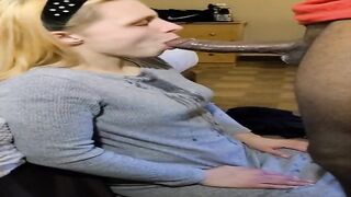 Horny, white golden-haired is sucking a large, ebony ramrod quite unfathomable and awaiting a dirty facial