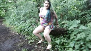 Upskirt POV outdoor public flashing, smokin' & cunt play in the woods on public hiking trail