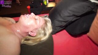 Aged golden-haired woman in ebony nylons is sucking a alt hard jock during the time that getting screwed