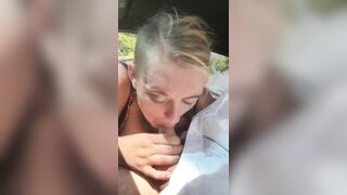 Hooker flashes her biggest breasts in public during a oral-sex where this babe lets her client cum in her throat