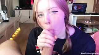 Student cutie gently sucks and likes cum