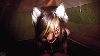 Lascivious teen was masturbating in the tent, the other night, until this babe started groaning from fun