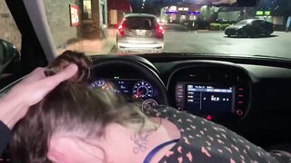 Drive thru Deepthroat cum eating oral-sex with supplementary meat , public
