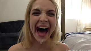 Blondie with large blobs answers questions during sex