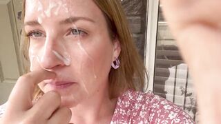 Housewife in sun suit cum walking after oral sex facial