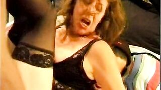 A breathtaking German lady gets her taut holes drilled by 2 hard jocks