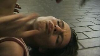 Wild brunette hair teen from Germany eating cum in public