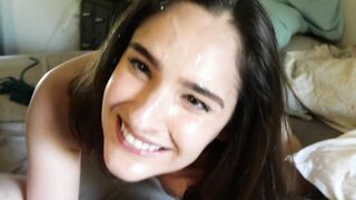 Hawt girlfriend massages cum on her face