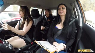 Fake Driving School - Instructor bangs one as well as the other student and examiner in a car sex three-some