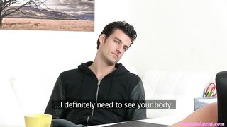 Female Agent American guy gives Euro blond chick facial during a casting session