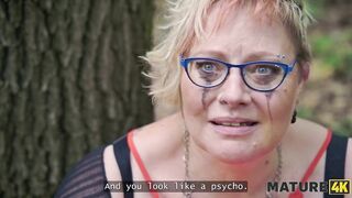 MATURE4K. Kinky aged giantess Diana likes pet play in nylons with two strangers in public
