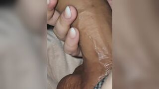 Step mamma takes large balls on her hand and tugjob step son 9 inch of wang
