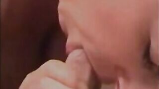 Grandma with massive bazookas sucking cock untill that babe gets cum on her throat