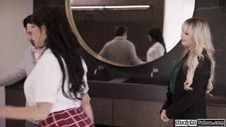 Slutty realtor Lilly Bell locks clients wife in so this babe can suck off his shlong.The golden-haired deepthroats him nearly to the end previous to freeing his wife anew