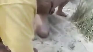 Excited Girlfriend with Strangers at undressed beach