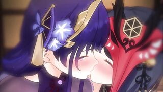 lesbian babes giving a kiss during the time that giving boobjob