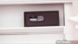 Strokies - Brunette hair newbie Raquel Love strokes knob, licks balls & takes dirty ejaculation