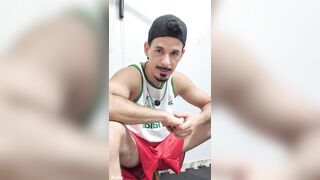 Teasing the little faggot with the red shorts out of underclothes