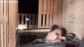 This babe groans a lot in the open-air washroom! Creampie in a cowgirl whilst in full view from outside