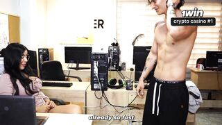 Large-bottomed brunette hair secretary suggests her assist to the boss's son in the office to gain an advantage