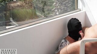 Public Blow job on Sunny Balcony makes him cum fast, during the time that strangers walking by during his spunk fountain