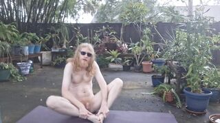 Nudist stretching with his morning wood to begin the day
