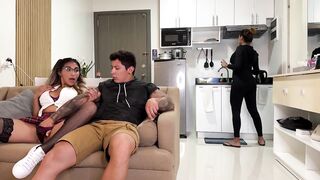 Wicked college beauty screws her mommy's boyfriend on the bed in front of her!