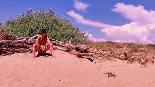 undressed pathetic white serf uninhibited masturbate his uncut shlong at the homo beach, CMNM