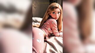 Wrapped in soft pink pajamas and morning light, Rapunzel looks as gentle as a fantasy. Her golden hair spills across the couch like sunlight caught in fabric — warmth, comfort, and a touch of magic.