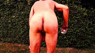 in nature's garb pathetic silly white thrall during outdoor party entertain guests, chastise himself on command, glans, balls and homo butt, CMNM