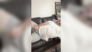 Overweight petite schlong man masturbates orgasms cums underclothing shirt