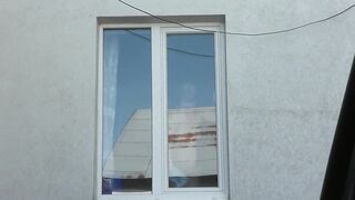 Bare woman neighbour hot aged mother I'd like to fuck out of pants and brassiere washes windows her apartment. A taxi driver watches from car. Solo. In nature's garb in public Peeping Outdoor Outside Publicly Large natural boobs Snatch