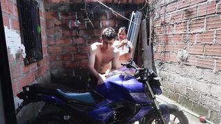 The neighbour washes my motorcycle so that guy can have sex with me afterward.
