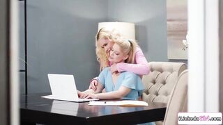 Stepdaughter Khloe Kingsley is secretly banging her blond lesbo stepmom Charlotte Stokely. That babe keeps her voice down whilst getting her twat licked.