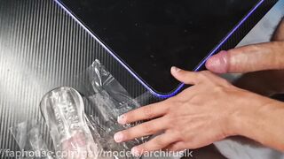 Sexy cum splashes in ropes on the smooth youthful body of the twink sissy whore