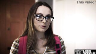 Nerdy teen student interviews a renowned classmate of hers and lets him rail her unshaved vagina