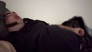 Overweight stud masturbates to climax and cum in couch