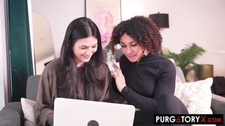 Slutty brunette hair invites her girlfriend over for a three-some with her spouse