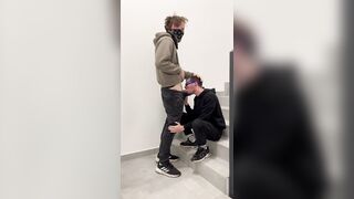 Quickie on the staircase, swallowing