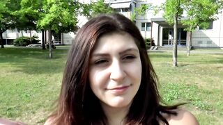 Enchanting large tits brunette hair sprayed on her bazookas