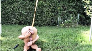 see bare pathetic serf during outdoor party fastened up at homo balls, enema, willing get used as fucktoy, CMNM