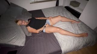 Rotating vibrator climax in hotpants trembling, twitching, groaning, loud, intensive and moist