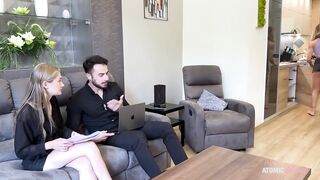 I spy my boyfriend screwing his sexually excited coworker. Mi joins and licks the cum off her vagina